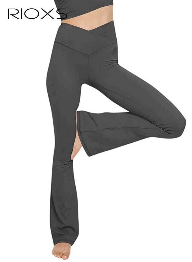 RIOXS Women's Flare Leggings, Ladies V Crossover Yoga Pants, Tummy Control High-Waisted Wide Leg Trousers, Gym Bootcut Yoga Pants, Bell Bottoms For Women, Deep Gray - Image 1